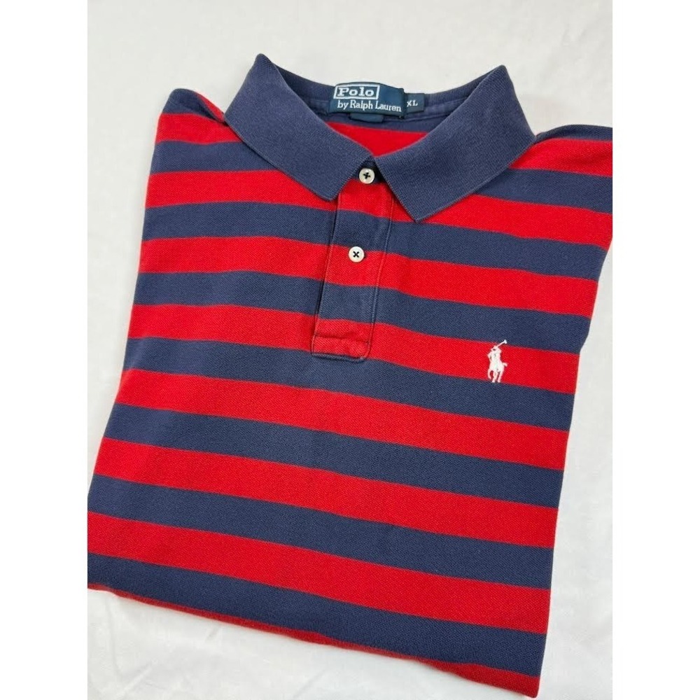 POLO RALPH LAUREN Shirt Mens XL Polo Striped Pique Cotton Red/Navy Stripe - READ